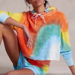 Polo Ralph Lauren French Terry Tie Dye Hoodie Cropped Top & shorts set  New Sz M